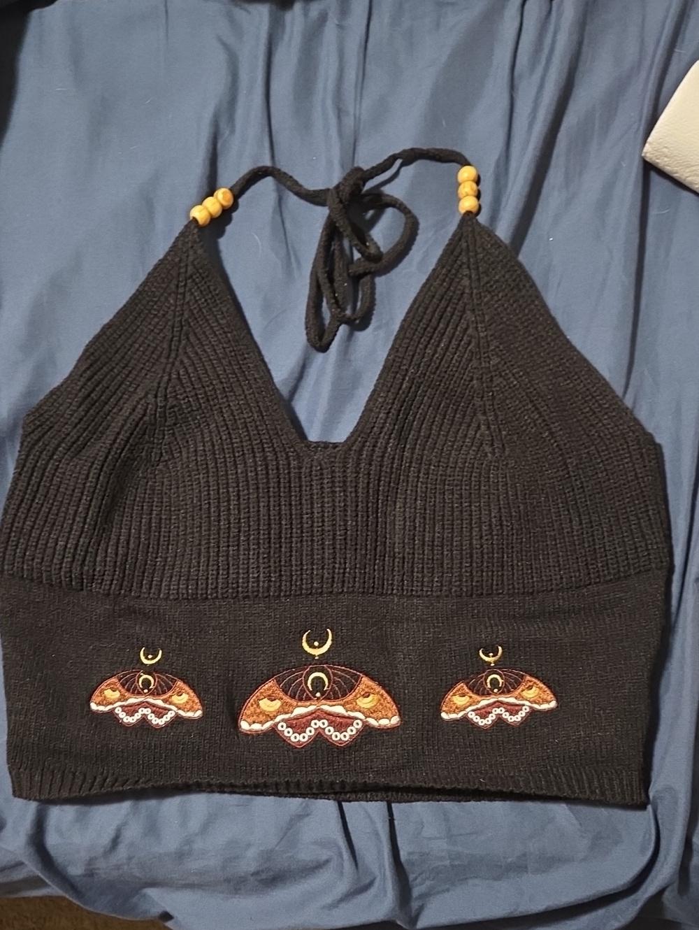 Black Embroidered Halter Knit Crop Top